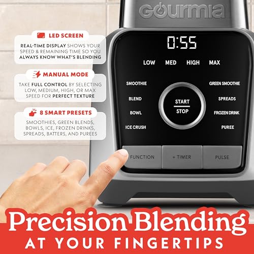 Image of Gourmia Countertop Blender - 8 Blend Programs, 4 Speeds, Pulse and Manual Mode, 56oz Pitcher, Digital Display with Integrated Timer, Round-Plated Tamper, Dishwasher-Safe Parts
