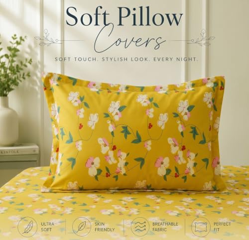Image of BSB HOME 210 TC Cotton Feel Single Bedsheet with 1 Pillow Cover, Soft & Breathable Floral Printed Bed Sheet, Fade Resistant, Bedding for Home & Bedroom, 60 x 90 Inches (152 x 229 cm) (Spiced Amber)