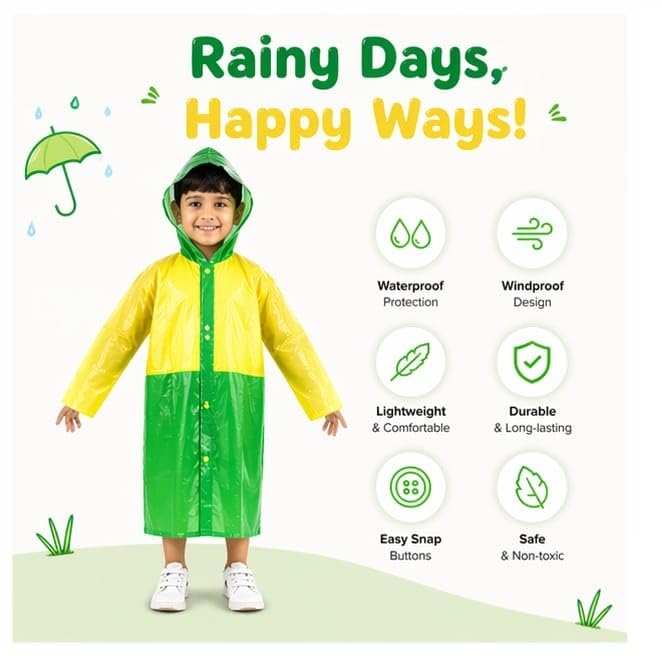 Image of CubsDen Kids Waterproof Raincoat for Boys & Girls | Full-Length Hooded Rain Coat | Lightweight Durable School Rainwear | Bright Color Outdoor Rain Jacket for Children