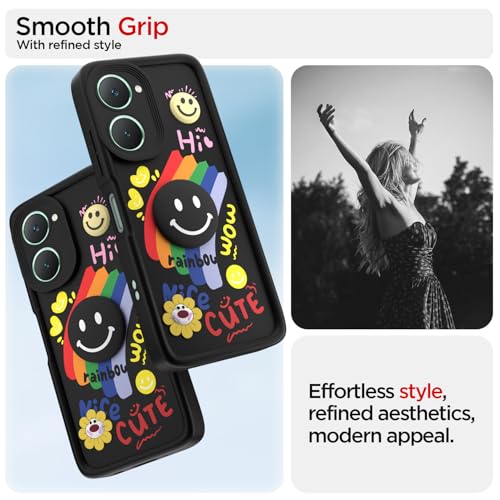 Image of Pikkme Back Cover for iQOO Z9 Lite 5G / Vivo T3 Lite 5G / Vivo Y18 / Y18e / Y03 | Soft Silicone| Cute Rainbow Smile & 3D Cartoon Flower Design | Shockproof Raised Camera protection Bumper Case (Black)