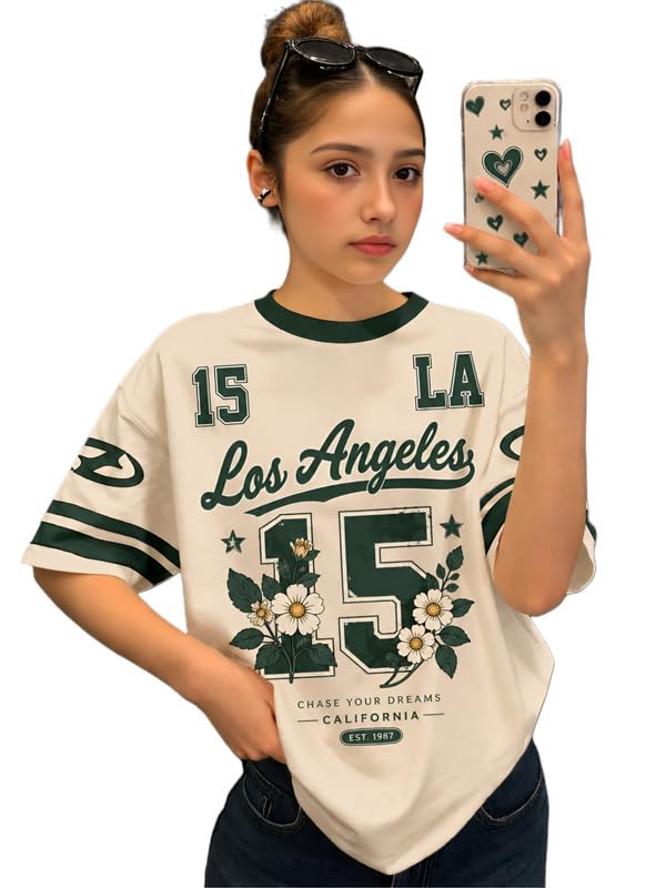 Image of KSHS Cotton Oversized T-Shirt for Women, Printed Loose Fit Womens Tshirt, Soft Cotton Fabric, Round Neck Half Sleeve Casual Top, Aesthetic Drop Shoulder Style Tee