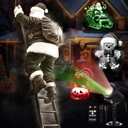 Aurelema Proyector de luces de Navidad 2025 mejorado 3D dinámico para interiores y exteriores, 4 colores, con control remoto y 12 efectos HD, Papá Noel, muñeco de nieve, Navidad para decoración de