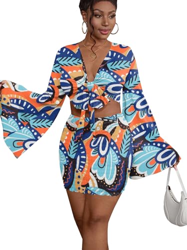 Image of LYANER Women 2 Piece Vacation Outfits Tie Knot Front Bell Long Sleeve Crop Top and Mini Skirt Summer Set