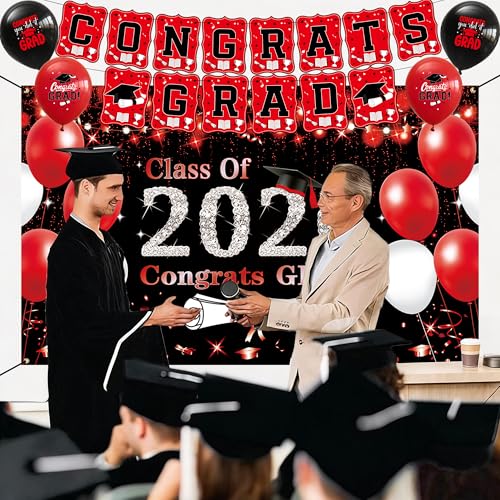 Image of DARUNAXY Black Red Graduation Party Decorations, Red Class of 2026 Graduation Banner, 2026 Congrats Grad Honeycomb Hanging Swirl Confetti Balloon Congratulations Graduates Party Supplies(25PC)