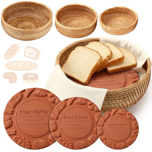 Tiangrid 9 Pcs/3 Sets Bread Warmer Basket with Stone and Towel Sets Bread Baskets with Warmer Stones and Linen Towel for Serving Tortilla Sourdough Maker House Warming Gifts New Home Terracotta