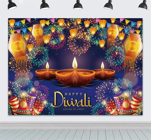 Image of Happy Diwali Backdrop 7x5ft Fabric India Festival of Lights Firework Photography Background Diwali Decorations Party Supplies