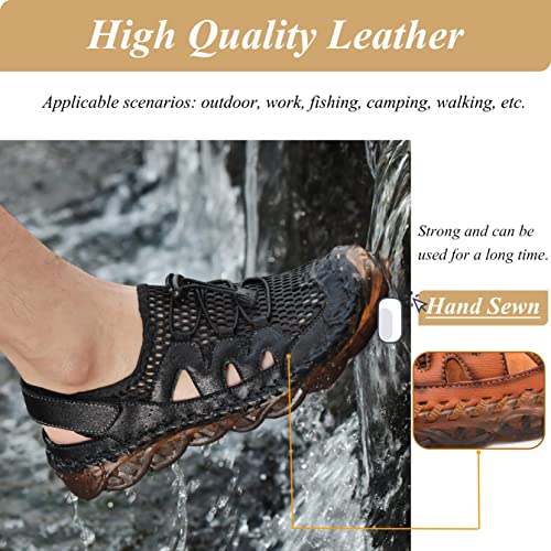 Qiucdzi Mens Closed Toe Sandals, Sport Sandals Casual Leather Handmade Sandals Adjustable Fisherman Beach Sandals For Outdoor Walking Driving #TOP4