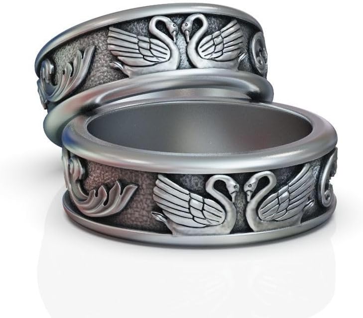 Elegant Animal Inspired Dual Swan Bird Couples Wedding Band Pair Classic Symbol Of Love Swan Bird Modern Lovers Engagement Ring Oxidized 925 Sterling Silver Handmade Love Swans Jewelry