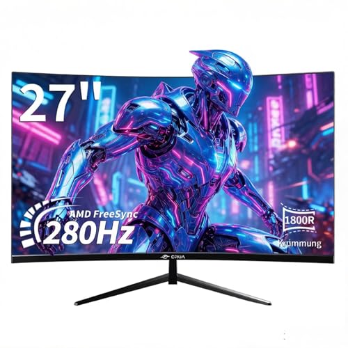 CRUA Curved Gaming-Monitor 27 Zoll 280Hz, FHD 1080P 1800R PC-Monitor, 1 ms GTG mit FreeSync, geringe Bewegungsunschärfe, Augenschutz, VESA, DisplayPort, HDMI, schwarz