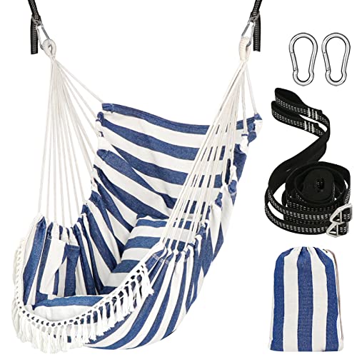 Chihee Hammock Chair Hanging Swing 2 Pillows Included,Strong Webbing Straps And Hooks For Easy Hanging Soft Cotton Hanging Chair Side Pocket Tassel Chair Comfort Indoor Outdoor Blue White #TOP10