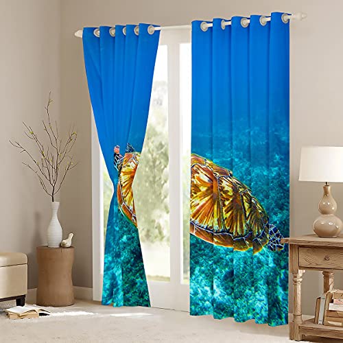 Loussiesd Sea Turtle Curtain 3D Reptile Print Window Treatments For Kids Children Teens Ocean Marine Themed Window Drapes Underwater Animal Blue Window Curtain Bedroom Decor W46*L54 - Image 3