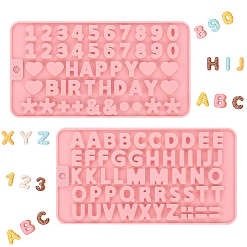 2PCS Silicone Molds for Chocolate Number Letter Molds Reusable Candy Molds with Happy Birthday Decorating Symbols Mini Size Alphabet Decorating for Birthday Cake Lollipop Fondant Chocolate (Pink)