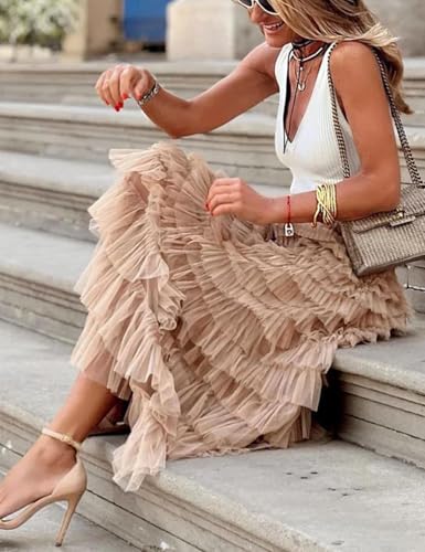 Yimoon Womens Long Maxi Tulle Skirts A Line High Waisted Tiered Layered Midi Skirt Tutu Ruffle Pleated Mesh Petticoat3