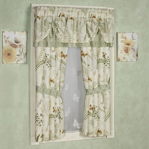 Butterfly Eden Cotton Window Treatment | Rod Pocket | Nature Medallion Butterfly Dragonfly Fern Leaves | Eggshell, Gold Yellow, Green | 2 Piece Set Includes: 63L Curtain Pair and Layered Valance