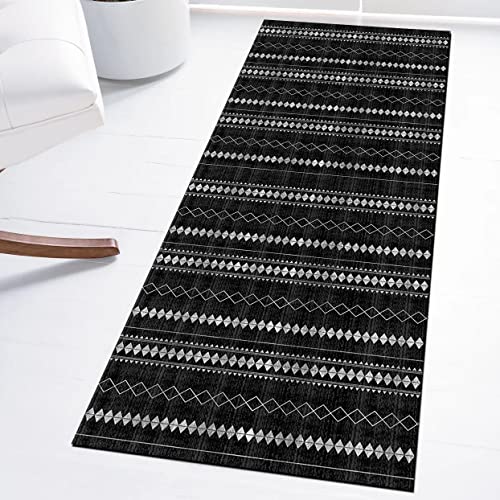Vintage Tapis Cuisine Devant evier antiderapant Bohémien 120x450CM Noir Lavable Long Tapis de Salon Couloir Chambre Passage Evier Cuisine, Personnalisable