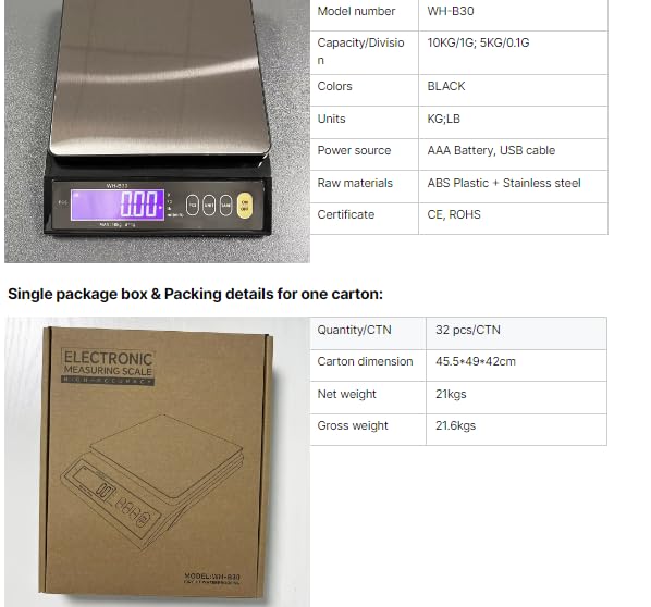 VIHELM WH-B30 Digital Kitchen Scale with detailed specifications table