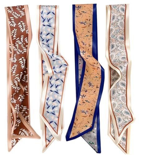 AruiLeo 4 Packs Purse Scarf For Handbags Silk Head Handle Ribbon Scarfs For Hair Fashion Skinny Scarves For Women Gift (Burnt Orange,Red,Caramel)