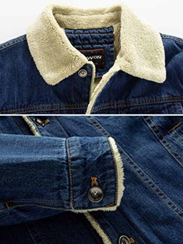 Image of HOW'ON Men's Plus Cotton Warm Fur Collar Sherpa Lined Denim Jacket Button Down Classy Casual Quilted Jeans Coats Outwear