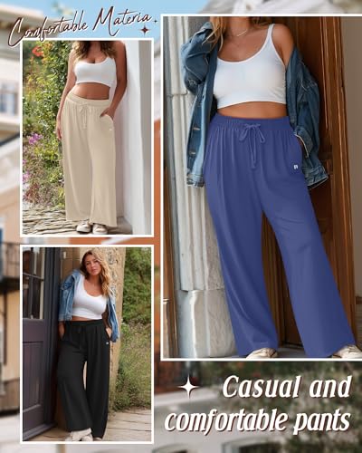 Neer 3 Pack Women's Plus Size Pants, Wide Leg Casual Cotton High Waist Sweatpants Lounge Drawstring Trousers with Pockets(Black, Apricot, Denim Blue,XX-Large)3