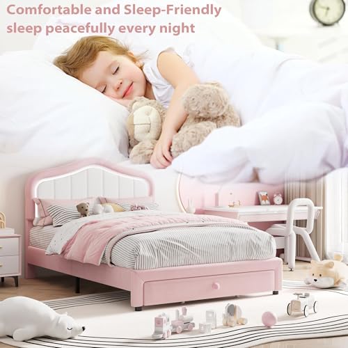 Image of GarveeLife Upholstered Platform Bed Frame with Storage Drawers, Smart RGB LED Crown Headboard, Wooden Slat Support, No Box Spring Needed, Noise-Free, Easy Assembly for Kids,Full Pink&White