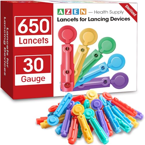 AZEN 650 Pcs Lancets for Diabetes Testing 30 Gauge Multicolored Blood Sugar Lancets Diabetic Lancets for Lancing Device