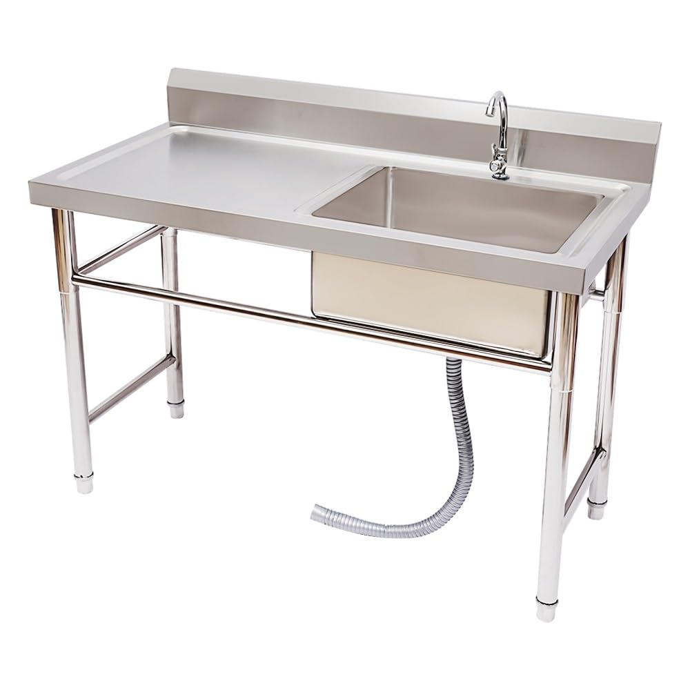 Vivrhintty Stainless Steel Utility Sink, Free Standing Single Bowl Kitchen Sink with Workbench, Commercial Restaurant Sink Set for Outdoor, Garage, Laundry Room(47in)