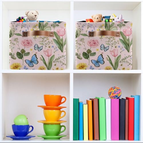 Image of Aslsiy Storage Basket Cute Bright Flowers Easter Nursery Bins Butterfly Pink Canvas Clothes Shelf Basket Laundry Hamper Gift Basket 1 Pcs