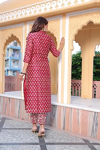 Greciilooks Women Cotton Blend Casual Regular Fit Kurta Set (Red, Large)