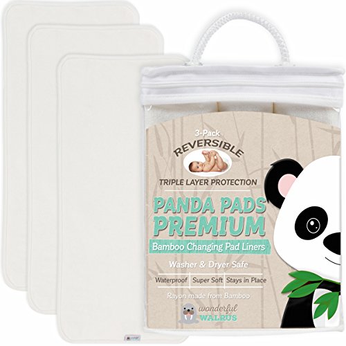 Changing Pad Liners Bamboo Reversible 3-Pack - Softer, Thicker, No Stain 3 Layer Design. Panda Pads - A Waterproof Mat to Cover Your Diaper Changing Table, Changing Pad or Mattress Pad. Great Gift!