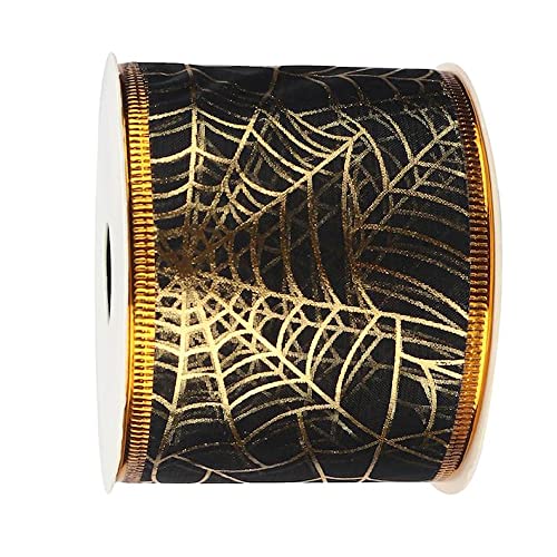 10m Roll of 2.5" Halloween Spider Web Wired Wire Edge Ribbon Party Wreath Black Organza and Copper Orange. UK Seller