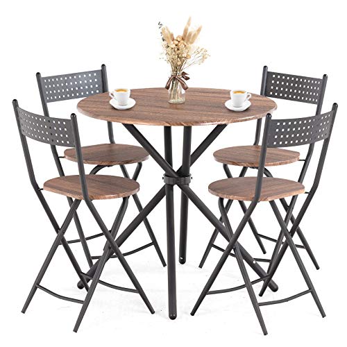 Mecor 5 Pcs Dining Table Set w/ 4 Folding Chairs, Mid-Century Vintage Round Coffee Table and Foldable Chairs with Wood Top and Metal Frame for Kitchen Patio Dining Room (Brown)