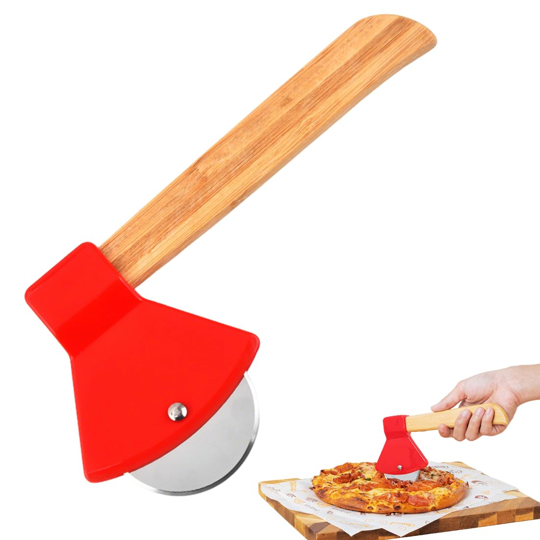 Pizza Cutter Axe, Stainless Steel Pizza Cutters with Oak Handle, Kitchen Accessories with Anti-Cut Protection, Super Sharp and Durable, Ideal for Pizza, Cakes (Red)