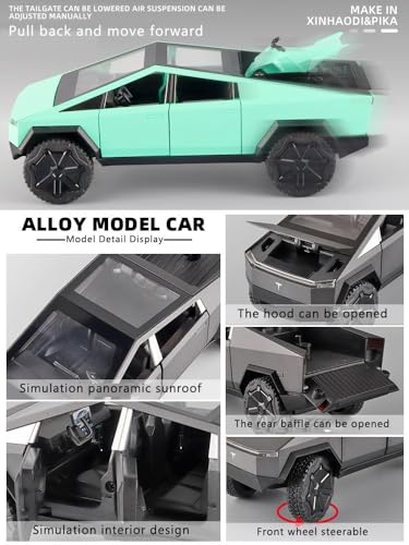 Image of Metal Pull Back Diecast Car 1:24 Big Tesla Cybertruck Pull Back Car Model With Sound Light Boys Gifts Toys For Kids?Pack Of 1?, Multicolor