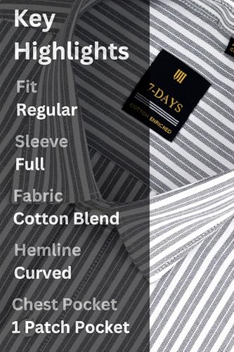 Image of 7-DAYS Men's Premium Striped Formal Shirt - Cotton Rich, Regular Fit, Full Sleeve, with Pocket, Wrinkle Resistant - Stylish Office & Everyday Wear.