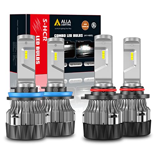 ALLA Lighting S-HCR H11 and 9005 LED Headlights Bulbs HB3 H9 Combo High Beam, Low Beam, 6000K Xenon White, Extreme Super Bright for Cars, Trucks (4 Packs, 2 Sets)
