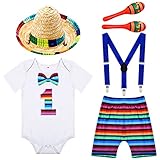 Sratte Mexican Cake Smash Outfit for Baby Boy 1st Birthday Include Bodysuit Bloomers Adjustable Y Back Suspenders Sombrero 2 Pcs Mini Wooden Maracas Rattles
