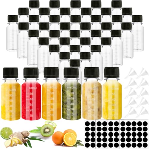 100 Pcs 2oz Plastic Shot Bottles with Caps, Small Clear Ginger Shots Bottles with Labels Travel Bottles with lids Mini Juice Shot Bottle with scale for Juicing Smoothie Milk Whiskey Liquid, 4 Funnels
