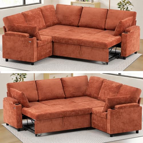 Image of 85 inch Chenille Sectional Sofa w /Pull Out Bed & Storage Space, Orange | Upholstery L Shaped Couch w /Cup Holders, Modern Corner Sofa w /USB Charging Port & Throw Pillow for Living Room