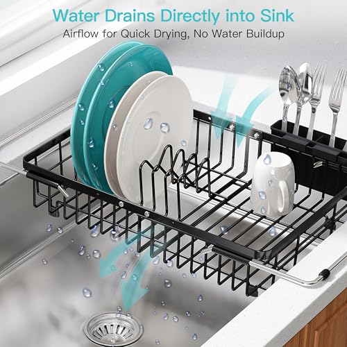Image of JASIWAY Black Dish Drying Rack Over the Sink with Utensil Holder