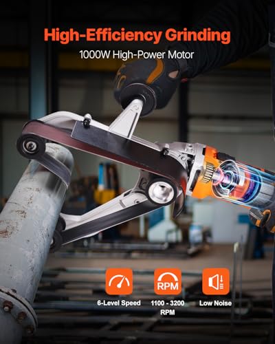 VEVOR 1000W Pipe Belt Sander for Rust Removal, 6-Speed Handheld Grinding Tool, Ideal for Professional Use in Plumbing Repair Jobs