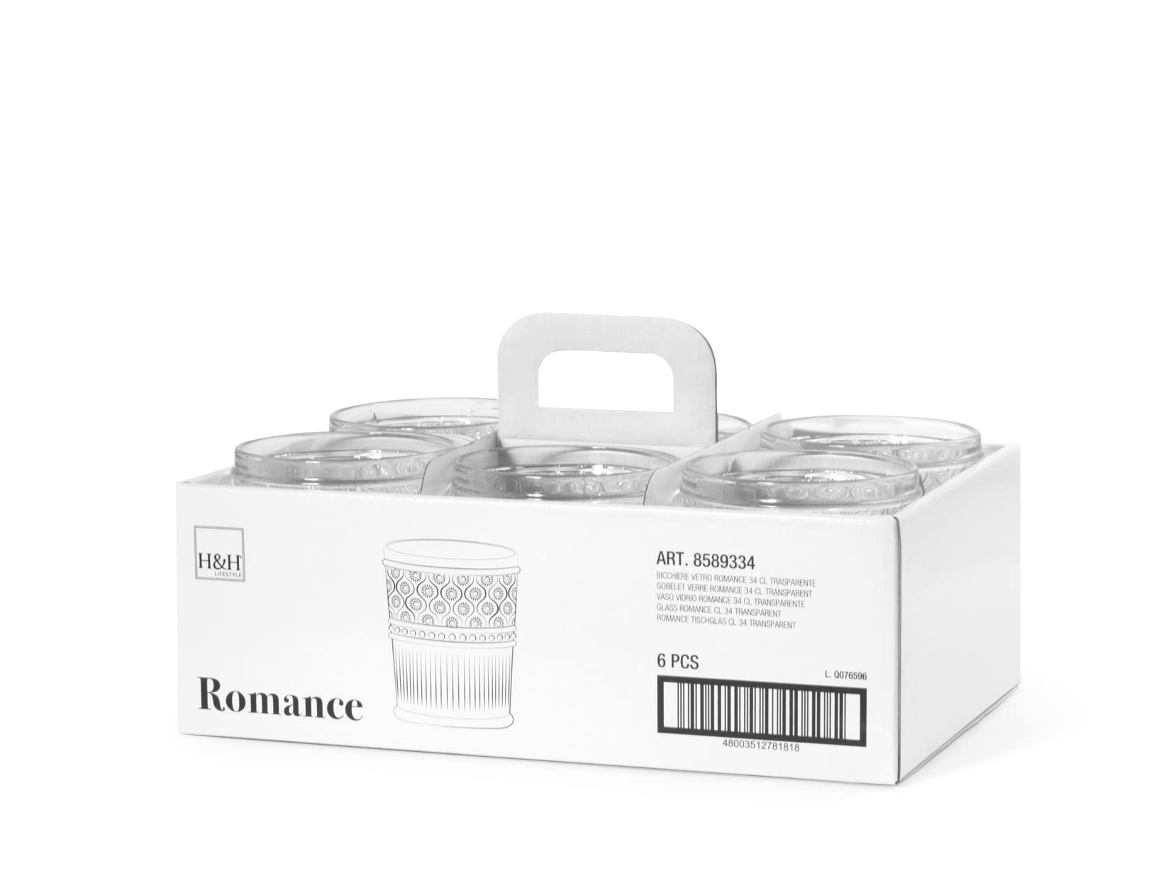 H&H Set 6 Bicchieri Romance In Vetro Trasparente Cl34