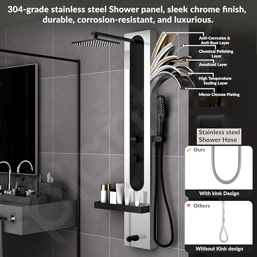 Image of Plantex Shower Panel for Bathroom /Hand Shower & Massage Spray Jet for Bathroom /304 Grade Stainless Steel Modern Shower System with Head Shower - Pack of 1 (Chrome & Black, 8097)