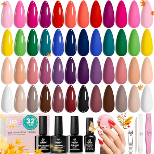 beetles Summer Gel Polish 25 Colours Set Nude Blue Pink Neon Red Green Chic Outfits Collection with 3Pcs Base Top Coat Manicure Kit Salon DIY Home Gift for Women Girls