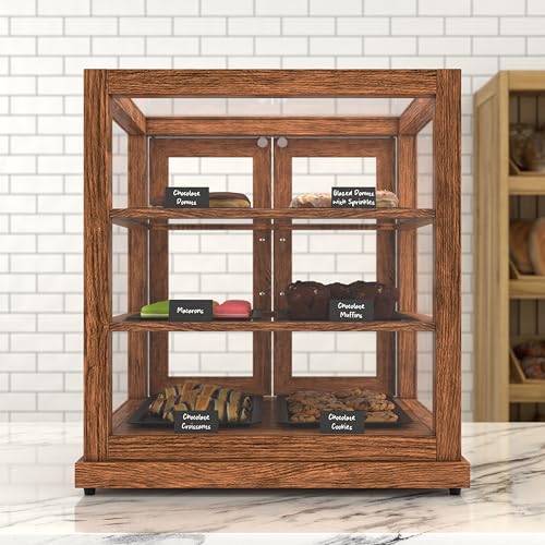 Image of KoolMore 25 in. Dark Wood Countertop Upright Dry Bakery Display Case, Pastry, Cake, and Bread Display with Tempered Glass