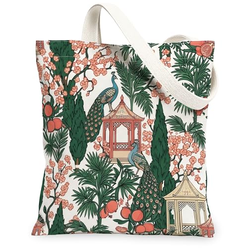 Bolsa de lona de pavo real para mujer, diseño de cerezas tropicales, botánicas, flores, linterna, verde primavera, lavable, reutilizable, ideas para viajes de compras, oficina, biblioteca, casual, 13