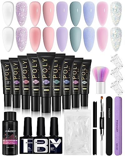 【Che Cosa Otterrete】Phoenixy set unghie gel ricostruzione fornisce gli strumenti essenziali per la manicure, 9×15ml di gel ricostruzione unghie dai colori chiari, tra cui trasparente, nudo, rosa chiaro, viola chiaro e glitter, 1×8ml di base coat, 1×8ml di top coat, 1×8ml di opaco coat, 1×30ml di soluzione scivolante, 3 clip per unghie e alcuni strumenti di base per le unghie.