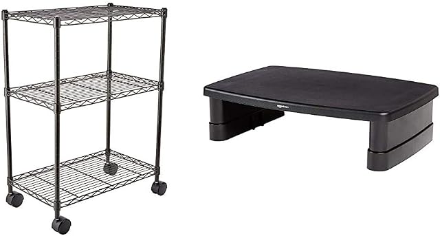 Amazon Basics 3-Shelf Shelving Unit on Wheels  Black & Height-Adjustable Display stand for Laptop and Monitors with non-skid feet