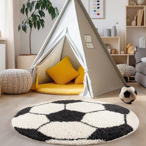 Carpettex Tapis pour Enfants à Poil Long en Forme de Ballon de Football, Moelleux et Super Doux pour la Chambre d'enfant., Couleur: Noir, Taille: 120 cm Rond