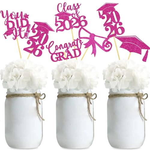 Image of Graduation Centerpiece Sticks 24PCS Glitter Grad Picks Party Table Decor Senior High School College Sign HotPink