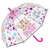 PERLETTI Ombrello Trasparente Bambina a Cupola Rosa Lilla - Ombrellino Bimba 3/5 Anni Resistente in Fibra di Vetro con Bordo Riflettente - Apertura Manuale di Sicurezza - Diametro 64 cm (Gatto)